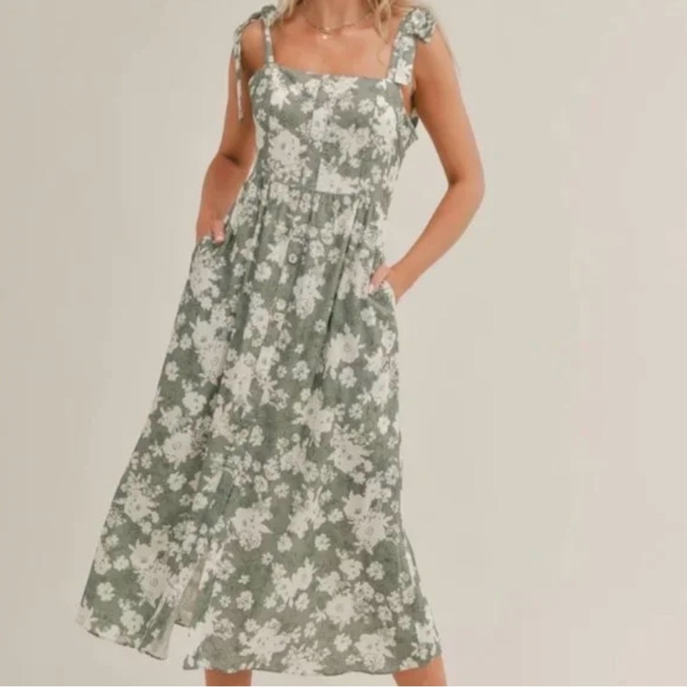 Sage The Label Floral Midi Dress in Green and White